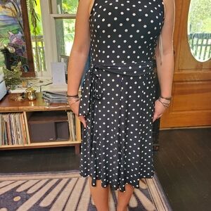 NWT Ralph Lauren Black Midi Dress with White Polka Dots